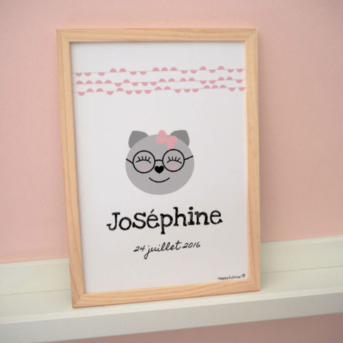 chat chaton lunettes dessin mignon affiche enfant naissance prénom personnalisée personnalisable