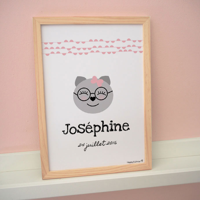 chat chaton lunettes dessin mignon affiche enfant naissance prénom personnalisée personnalisable