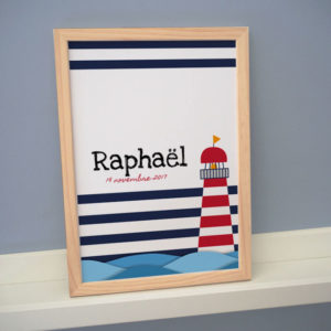 affiche cadre poster personnalisé prénom bord de mer phare breton océan marin marinière date naissance