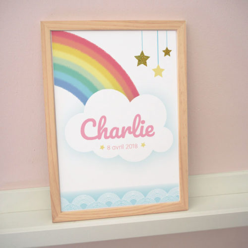 poster affiche cadre enfant bébé charlie arc-en-ciel arc en ciel rainbow étoiles stars nuage paillettes