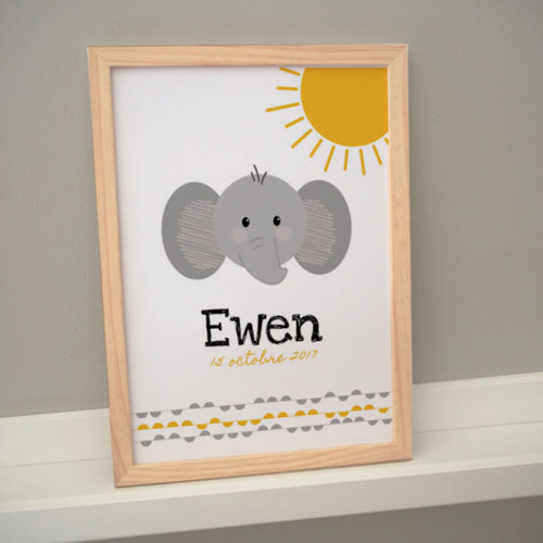 affiche cadre poster personnalisé prénom éléphant ewen date naissance