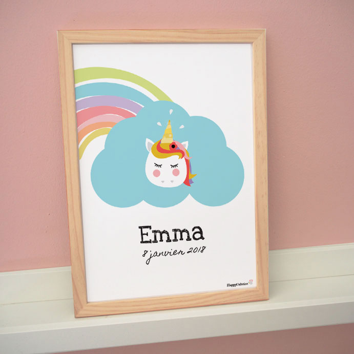 poster affiche cadre enfant bébé licorne arc en ciel couleurs nuage pastel emma date naissance