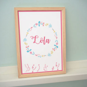 poster affiche cadre enfant bébé alice printemps fleur vert menthe rose jaune oiseau nature lola fleur rose jaune bleu