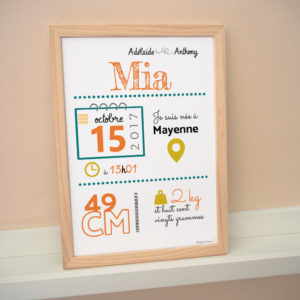 cadre bébé enfant naissance taille poids date heure parents affiche poster taille poids heure date parents couleurs personnalisées mia orange vert jaune