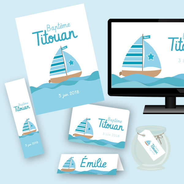 papeterie kit festif affiche bateau baptème anniversaire imprimable invitation marque-place étiquettes dragées Titouan kit complet