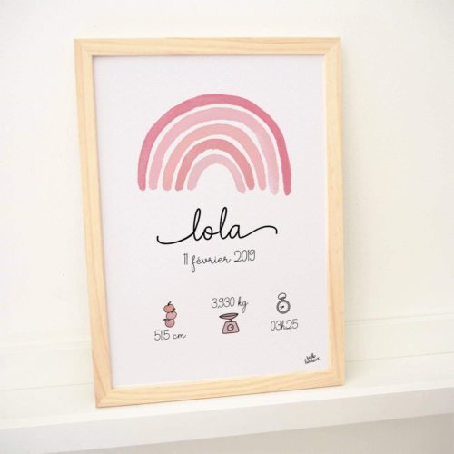 affiche naissance cadre bébé lola arc-en-ciel rose personnalisé faire-part joli hello bonheur