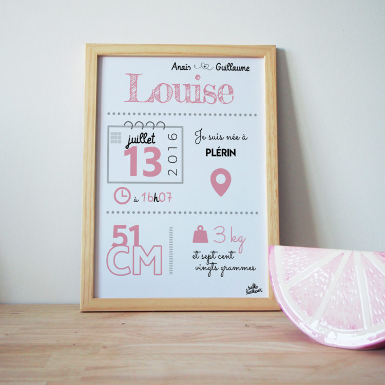 cadre naissance affiche bébé personnalisée rose gris louise hello bonheur infos poids taille date heure