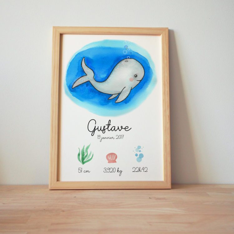 affiche naissance baleine aquarelle