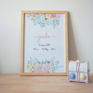 Cadre affiche naissance fleurs jardin florale aquarelle