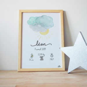 affiche naissance aquarelle bleu vert care bébé cadeau idée