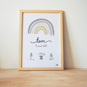 affiche bébé naissance jaune gris arc-en-ciel cadre personnalisé