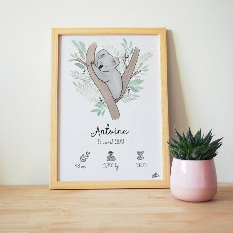 Jolie Cadre de Naissance personnalisé réalisé à l'aquarelle - idée cadeau de naissance - Illustration Koala