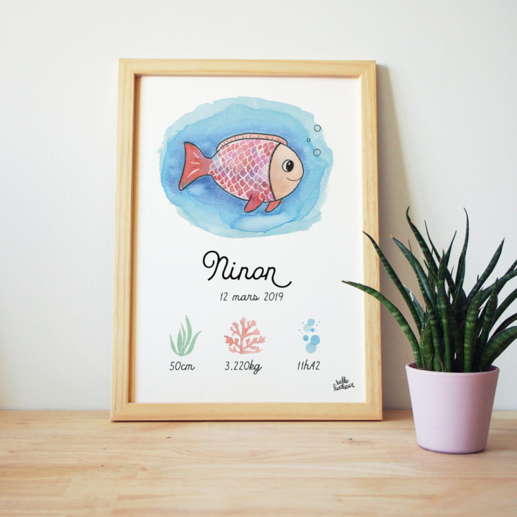 affiche naissance poisson aquarelle personnalisée cadre cadeau bébé