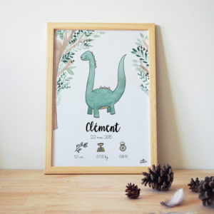 cadre de naissance personnalisé dino dinosaure aquarelle prénom taille poids date heure