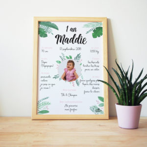 Affiche anniversaire 1 an baptême jungle rose Maddie Hello Bonheur