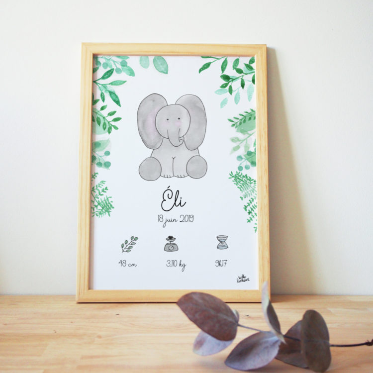 affiche naissance aquarelle elephant