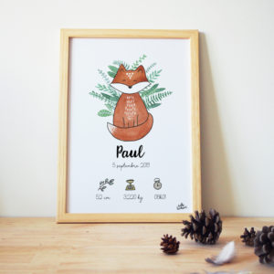 Affiche naissance aquarelle renard forêt