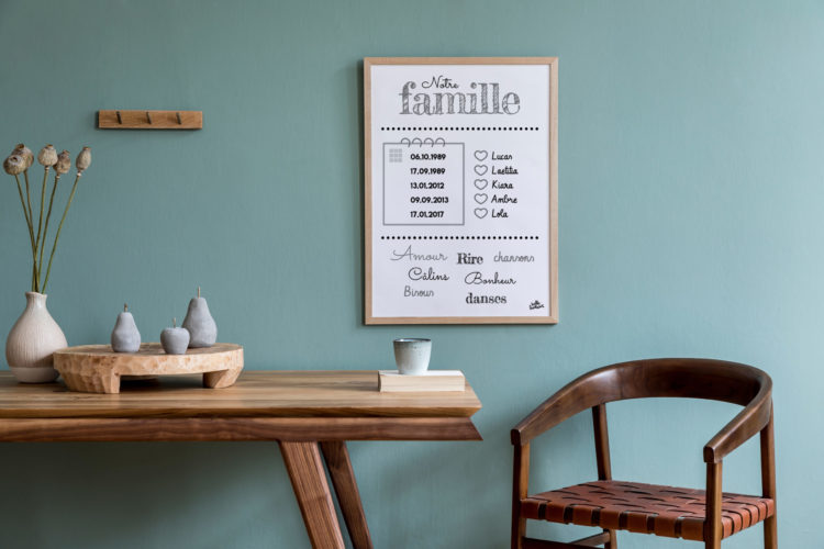 Affiche famille personnalisée hello bonheur prénoms dates mots valeurs nom de famille Happy Family