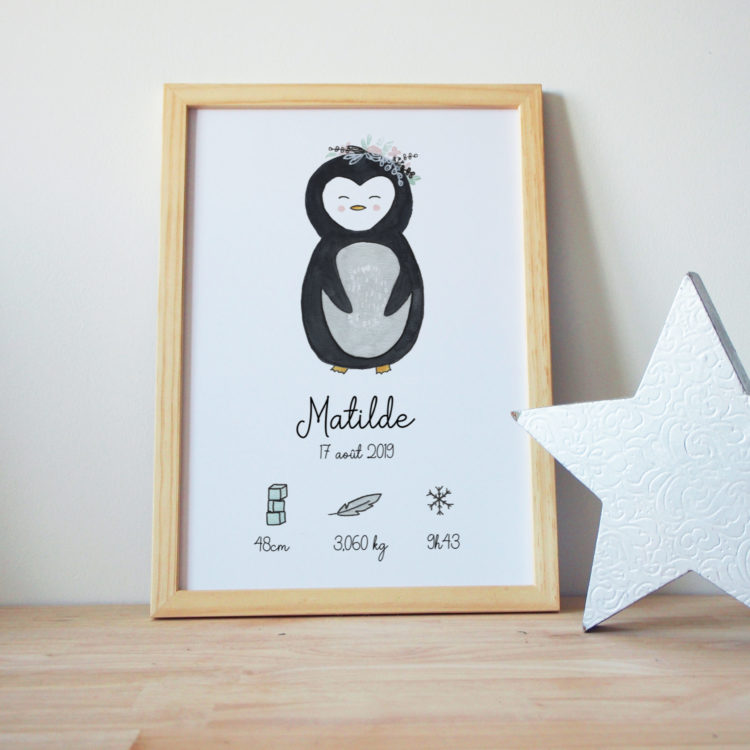 Cadre de naissance pingouin personnalisé banquise affiche déco enfant bébé