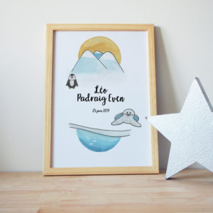 Affiche naissance aquarelle banquise phoque pingouin