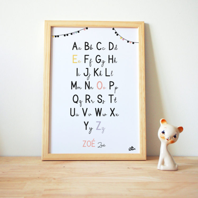 Affiche Alphabets enfants prénom lettre capitales cursives colorées personnalisée personnalisable