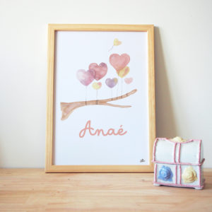 Affiche Aquarelle arbre au ballons personnalisée prénom affiche bébé personnalisée rose violet jaune