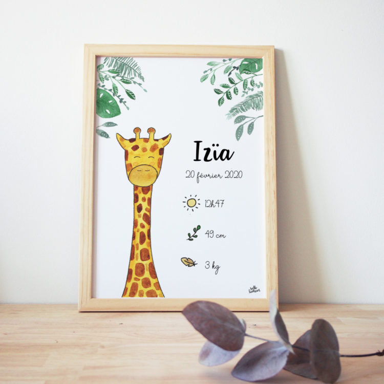 Affiche naissance aquarelle girafe cadre de naissance tableau bébé jungle prénom date taille poids