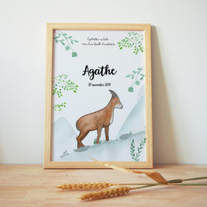 Tableau de naissance personnalisé aquarelle - chamois paysage de montagne