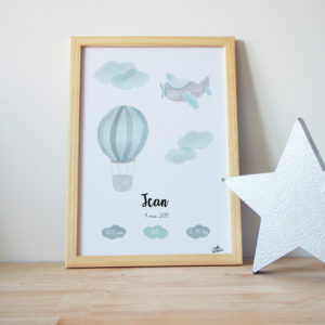 Tableau de naissance aquarelle bleu gros nuage avion montgolfière - Affiche bébé personnalisée