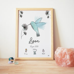 Cadre naissance colibri tableau bébé prénom personnalisé bleu oiseau