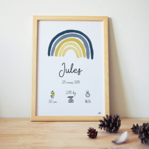 Affiche naissance personnalisée arc-en-ciel jaune et bleu garçon cadeau naissance original