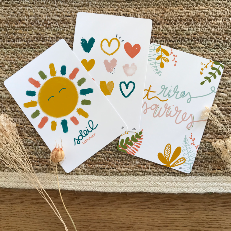 3 cartes postales positive collection automne 2020 - couleurs nature terracotta - rires et sourires coeurs - soleil