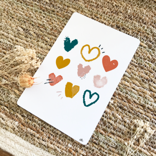 Carte postale positive coeurs amour thème automne terracotta moutarde bleu nuit