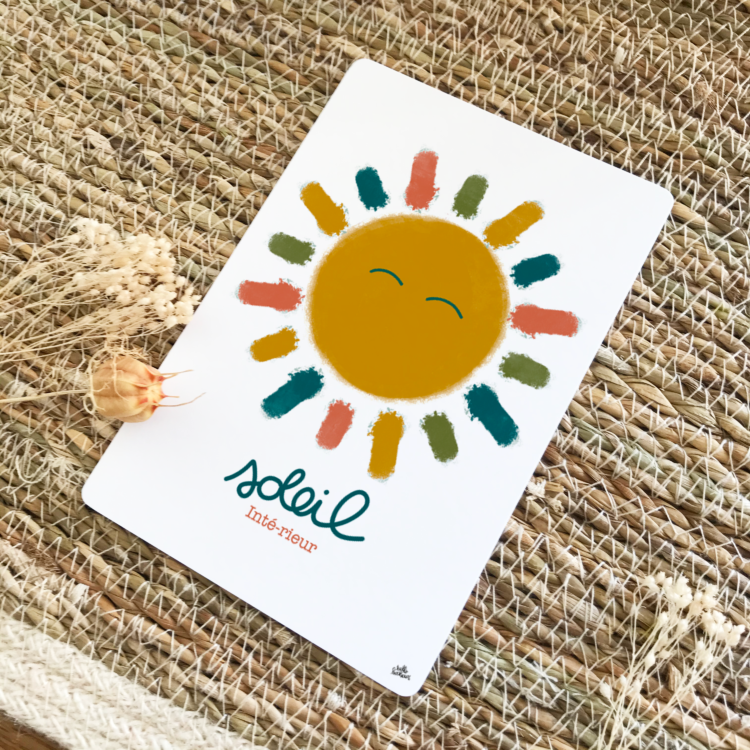 carte postale positive soleil intérieur - couleurs chaudes terracotta vert moutarde bleu pétrole