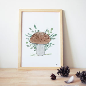 cadre décoration chambre enfant thème forêt couleur vert beige marron champignon peinture aquarelle