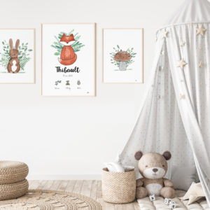 Déco de chambre bébé tendance nature - bohème - Thème Forêt illustrations aquarelle toute douces