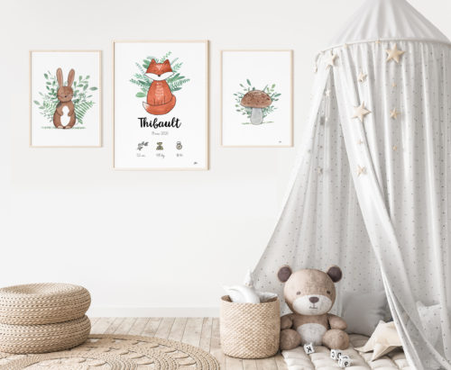 Déco de chambre bébé tendance nature - bohème - Thème Forêt illustrations aquarelle toute douces