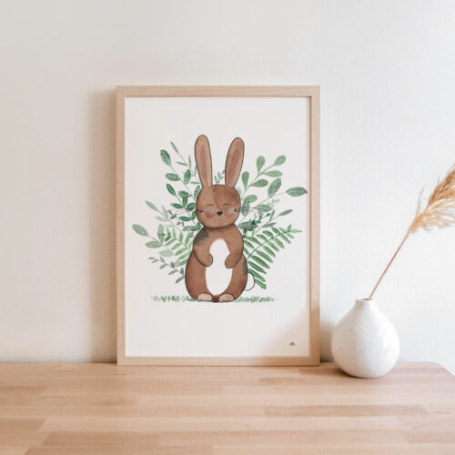 cadre décoration chambre enfant thème forêt couleur vert beige marron lapin peinture illustration aquarelle