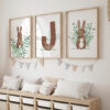 Trio d'affiches enfants forêt aquarelle lapin de face et de dos initiale prénom garçon