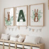 Trio d'affiches enfants forêt aquarelle lapin de face et de dos initiale prénom garçon