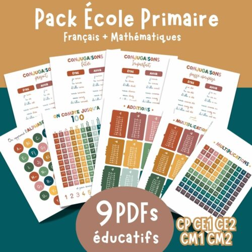 Pack 9 affiches éducativrs école primaire alphabet conjugaisons apprendre à compter jusqu'à 100 tables de multiplications tables d'additions