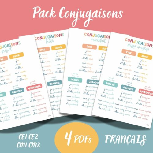 Pack d’Affiches Conjugaison Français• Présent, Futur, Passé Composé, Imparfait • Affiches Éducatives CE1 CE2 CM1 CM2 • PDF à Imprimer pastel