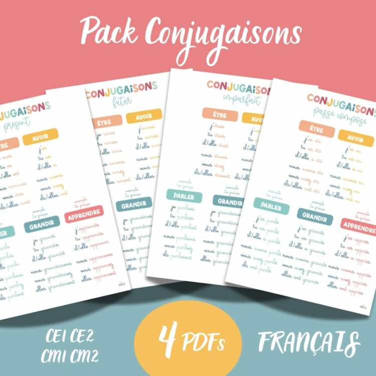 Pack d’Affiches Conjugaison Français• Présent, Futur, Passé Composé, Imparfait • Affiches Éducatives CE1 CE2 CM1 CM2 • PDF à Imprimer pastel