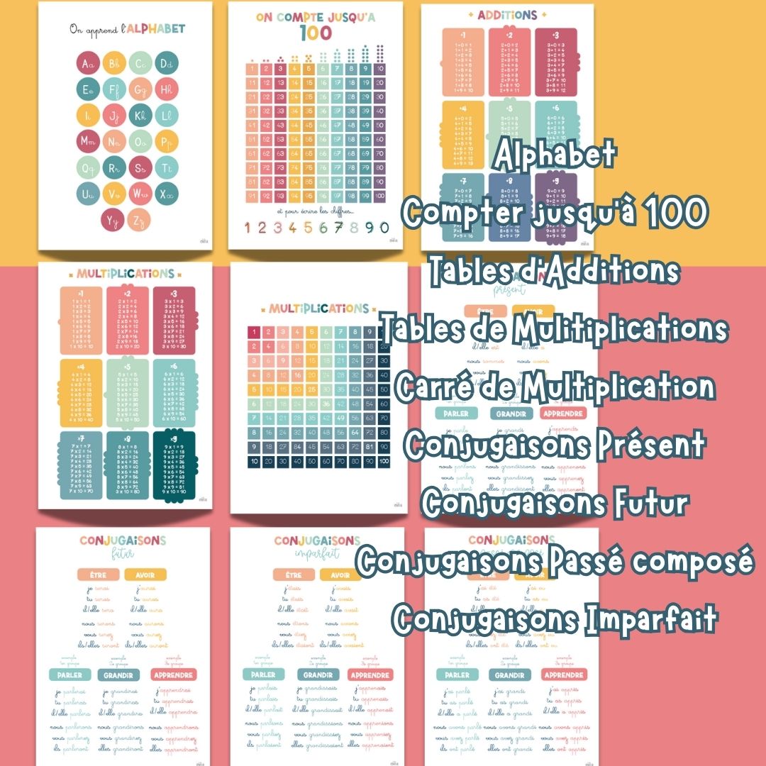 Pack 9 Affiches Éducatives PDF • Conjugaisons, Alphabet, Compter 100, Additions, Multiplications Ecole Primaire CP CE1 CE2 CM1 CM2 pastel