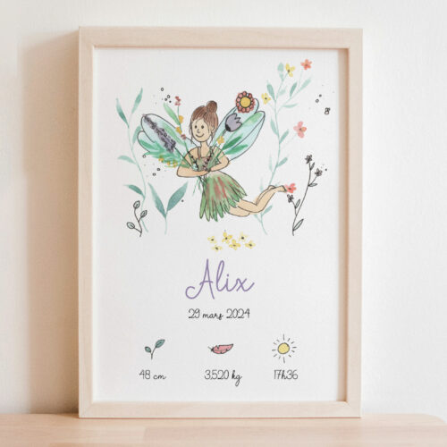 Affiche naissancé enfant personnalisée petite fée aquarelle